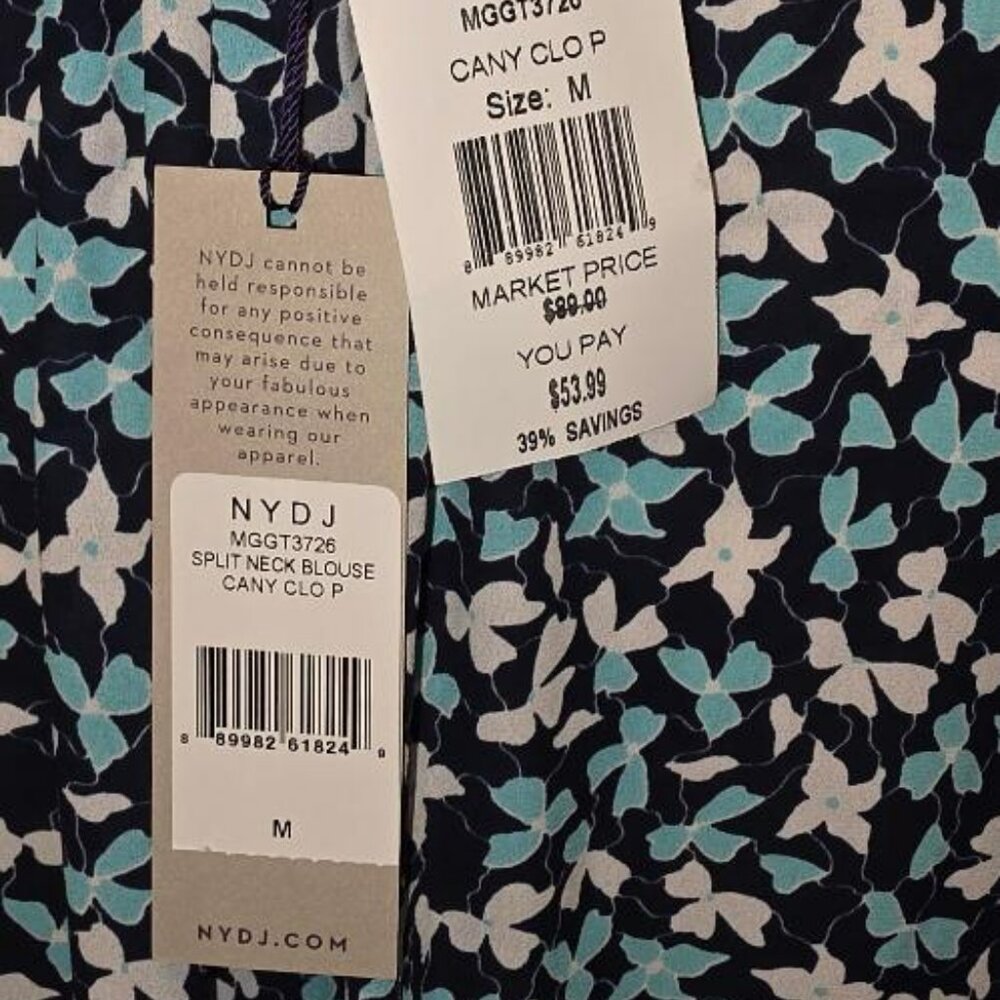 NWT NYDJ Dark Blue, Turquoise and White print 3/4 Sleeve Blouse Size Medium - Picture 3 of 4